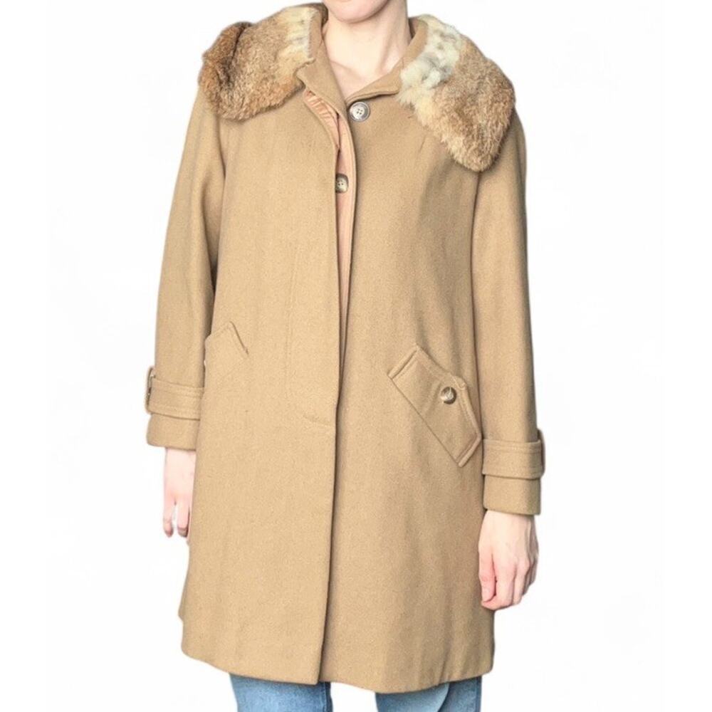 Vintage 70s Sears Women’s Tan Wool Peacoat Real Fur Collar Button Closure S/M